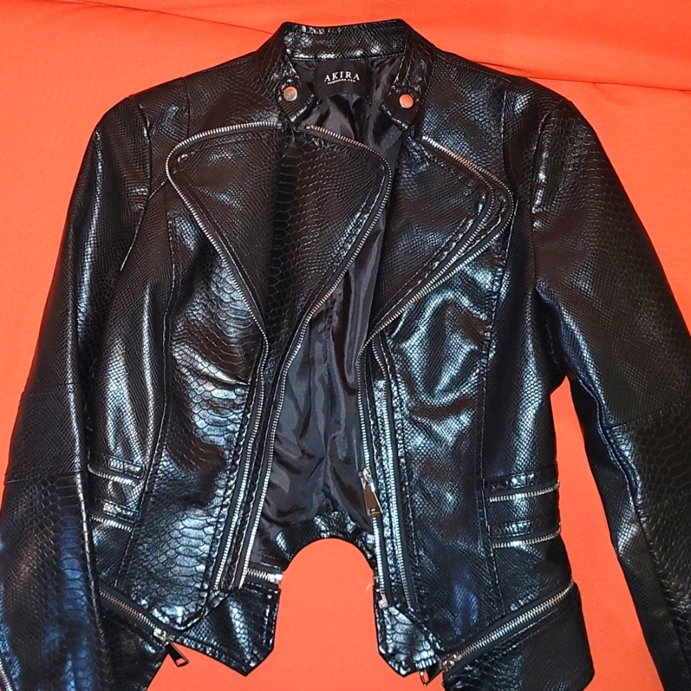 AKIRA Black Snake-Embossed Faux Leather Moto Jacket